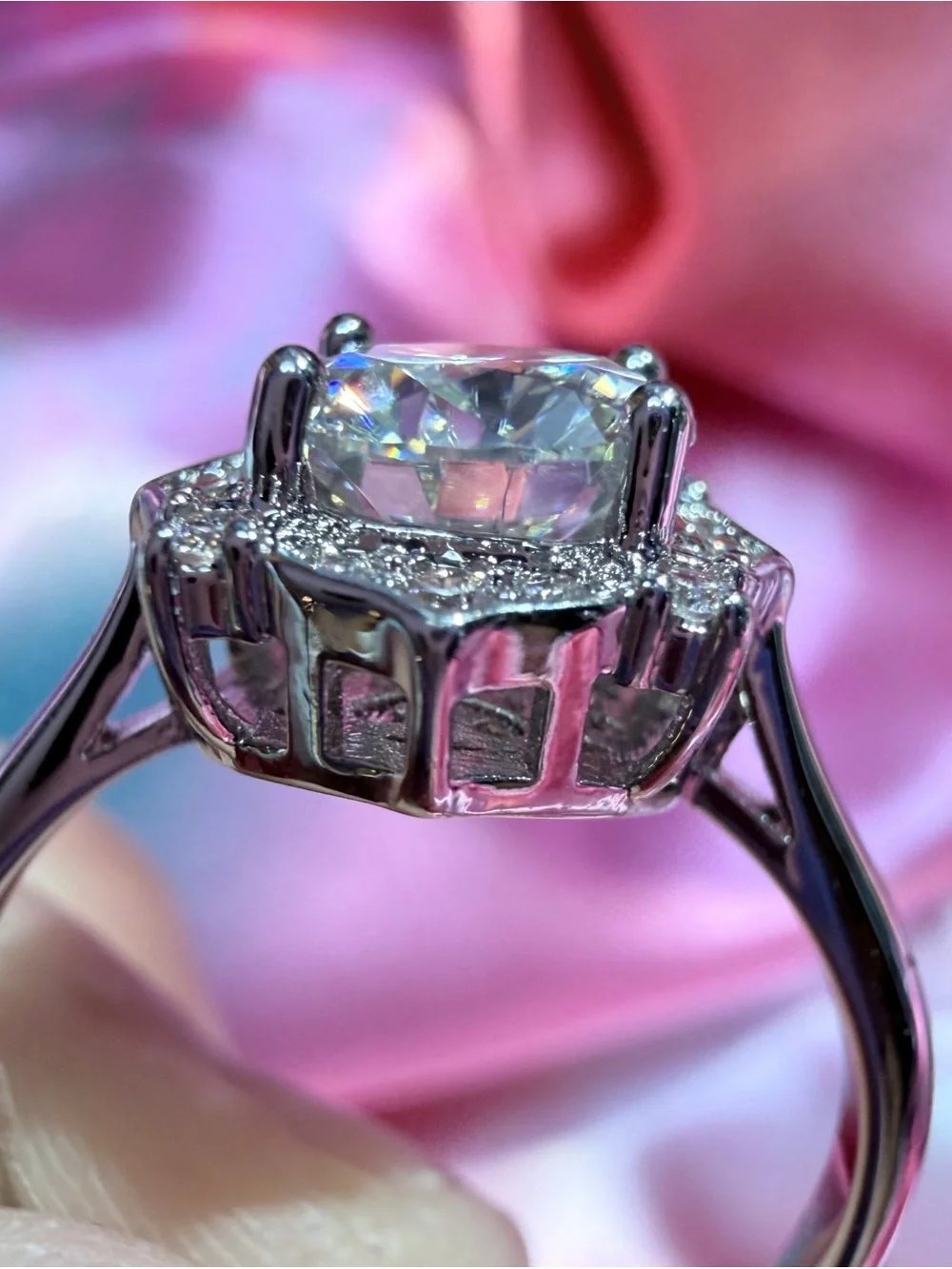 New Statement Moissanite 2 Carat 18 K Overlay with Sparkling Halo of Diamonds